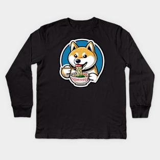 shiba inu eating ramen noodles Kids Long Sleeve T-Shirt